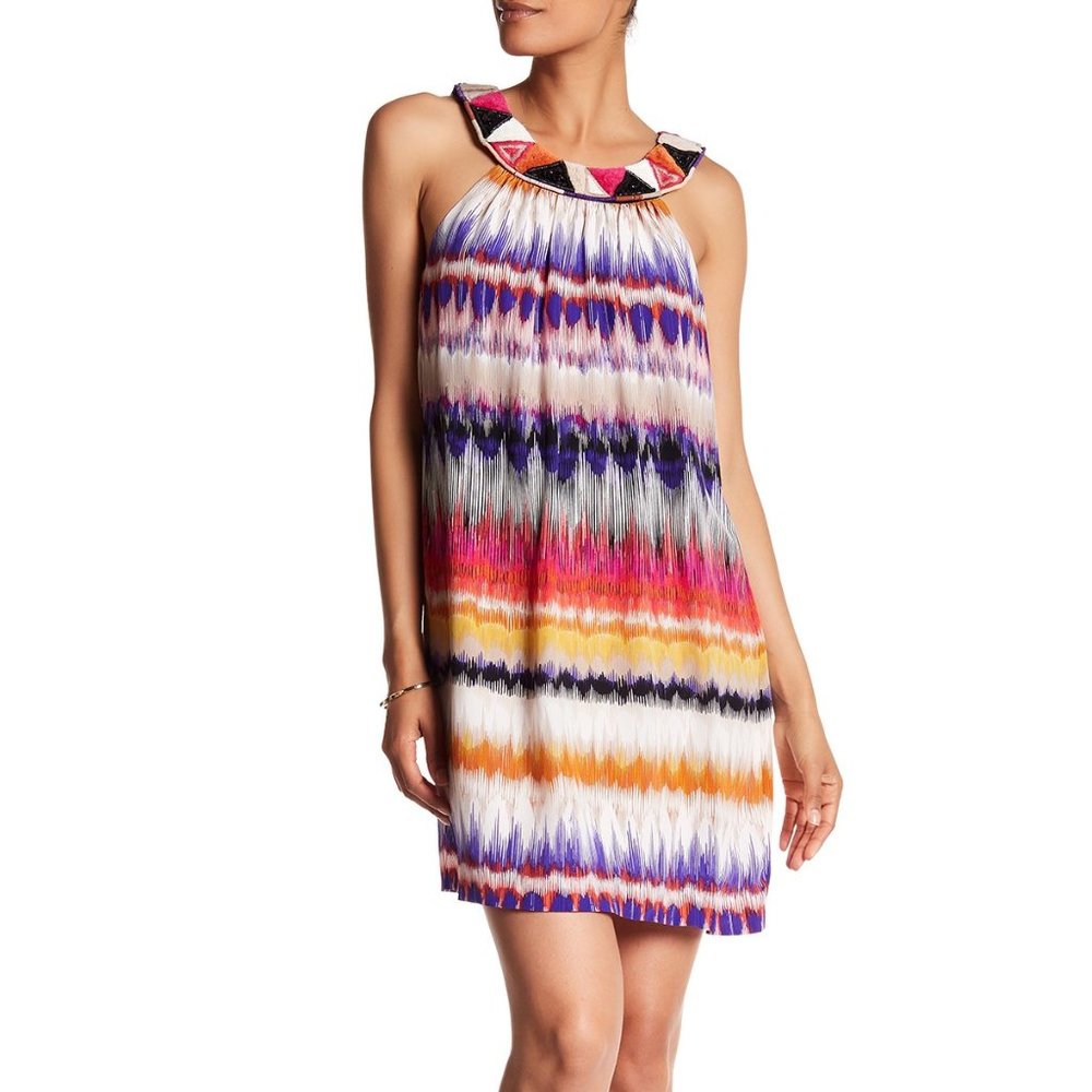 Trina Turk New DRESS Silk 3D Embellished Beaded Neck Print NWT